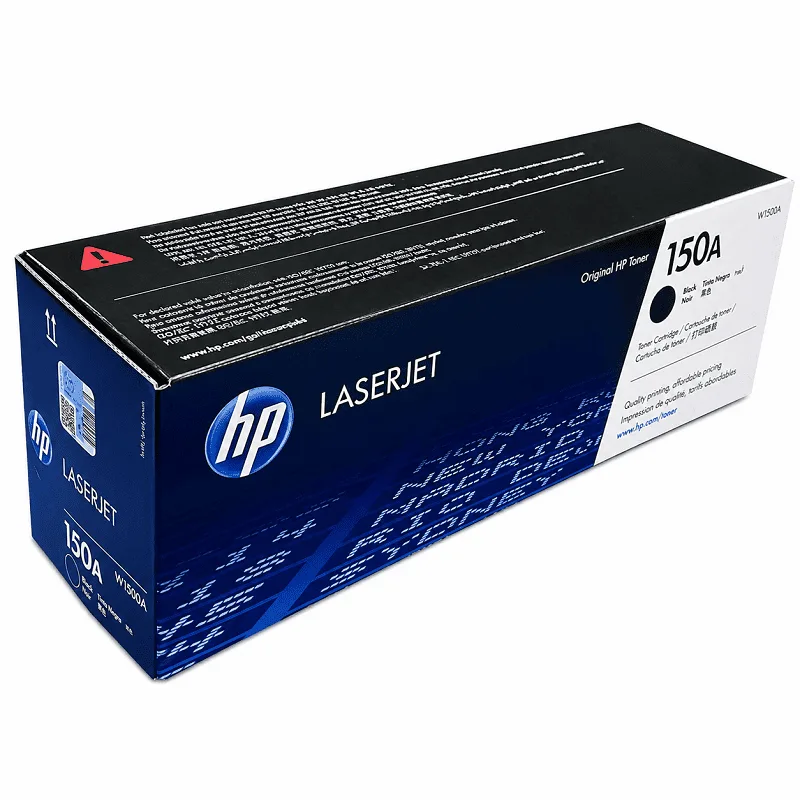 Tóner HP 150A W1500A junto a impresora HP MFP M141, listo para instalación y uso