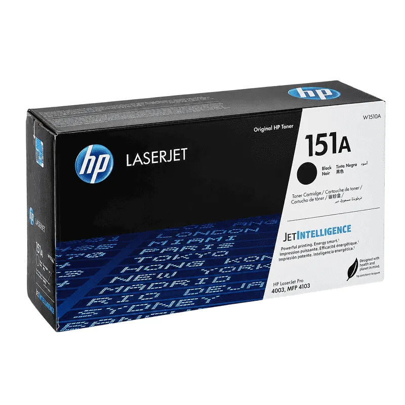 Vista frontal del tóner HP 151A W1510A con etiqueta de autenticidad y código de barras visible