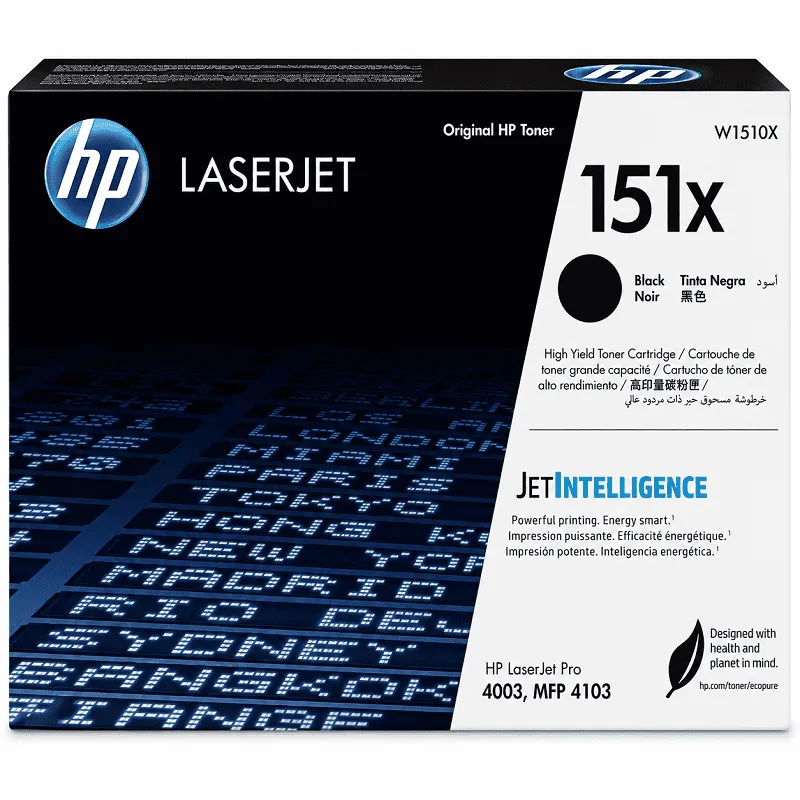 Vista lateral del tóner HP W1510X 151X mostrando el chip de autenticidad y código de producto