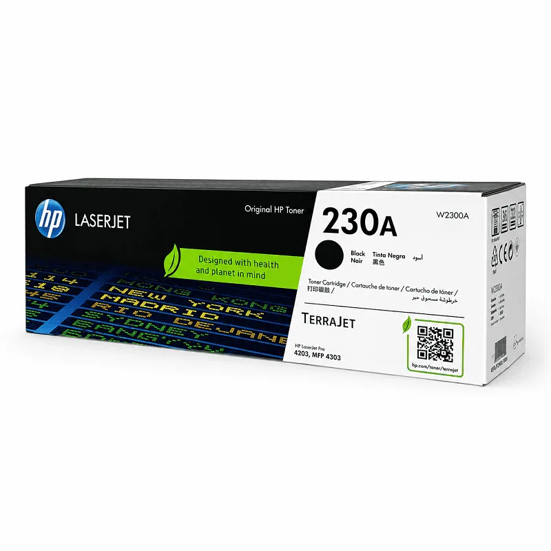 Vista lateral del tóner HP 230A W2300A mostrando el código de producto y la capacidad de impresión