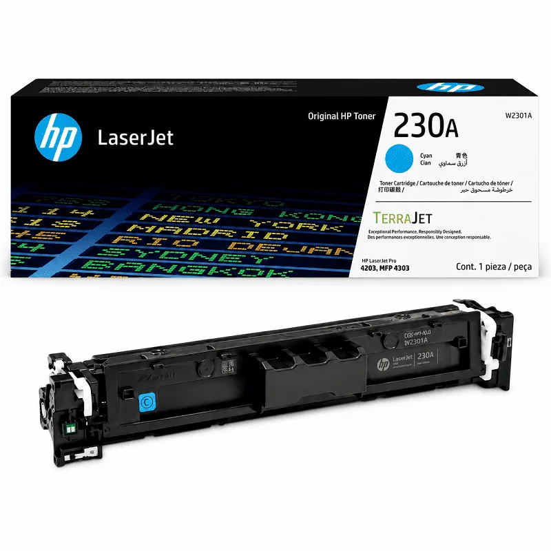 Empaque sellado de tóner HP 230A W2301A cyan para modelos Pro 4203 y 4303