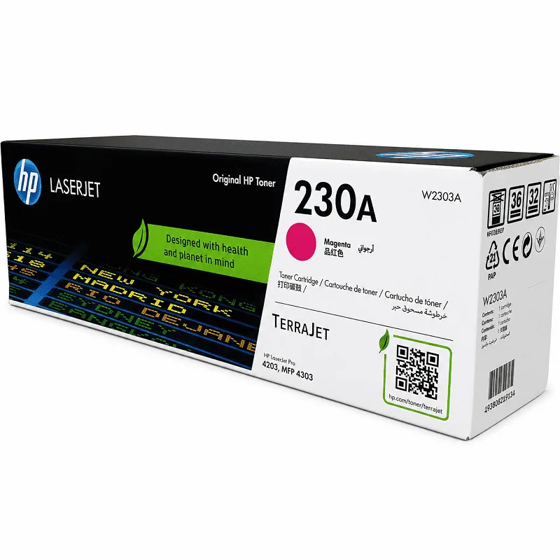 Empaque frontal del tóner HP 230A magenta W2303A con indicación de rendimiento 1800 páginas