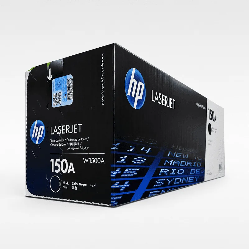 Vista lateral del cartucho HP 150A W1500A con código de producto visible y sello de garantía
