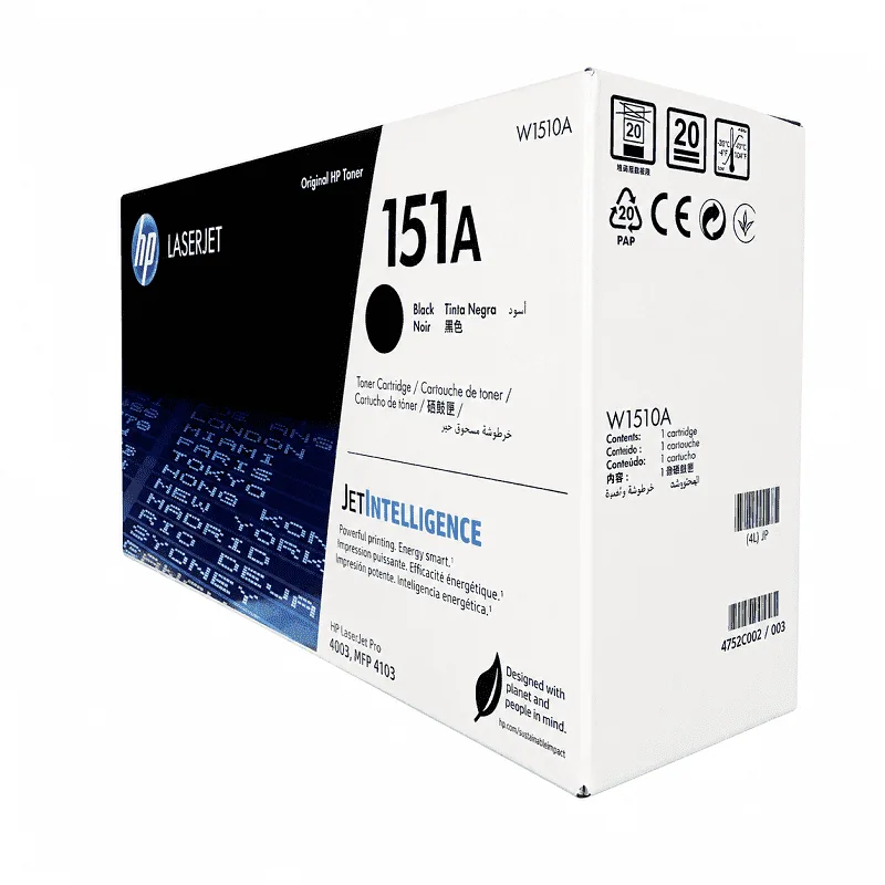 Tóner original HP 151A W1510A retirado de su empaque, mostrando el cuerpo de plástico negro y el tambor protegido