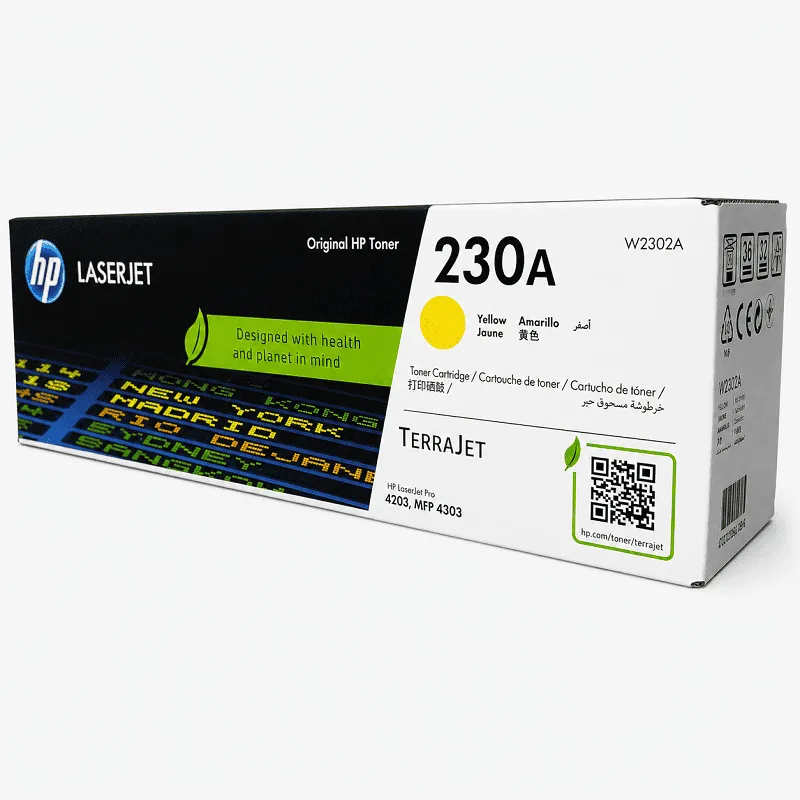 Vista lateral del cartucho HP 230A W2302A amarillo con código de producto visible