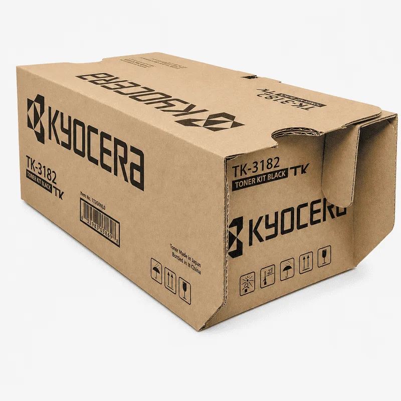 Vista lateral del tóner Kyocera TK-3182 original, compatible con impresoras láser Ecosys P3055dn y M3655idn