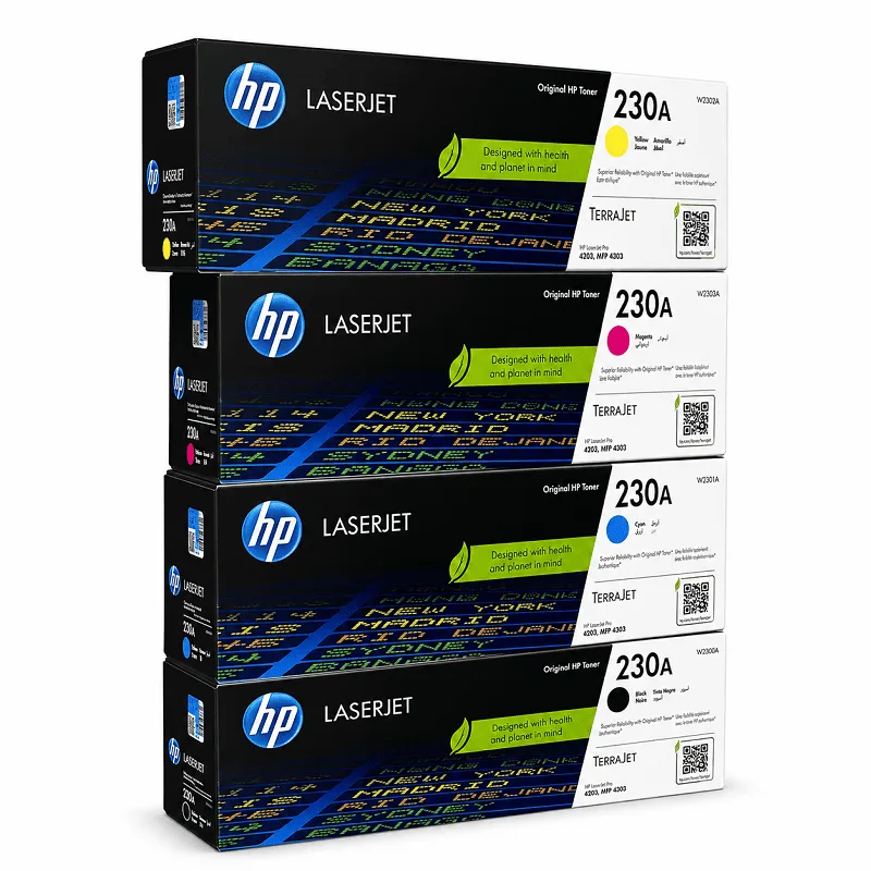 Kit de tóner HP 230A con cartuchos de cian, magenta, amarillo y negro, compatible con impresoras HP Color LaserJet Pro 4203 y 4303.