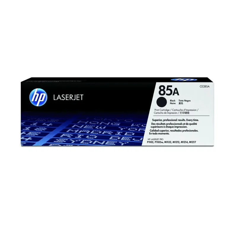Cartucho HP 85A CE285A compatible con impresora LaserJet M1212nf, vista frontal del empaque