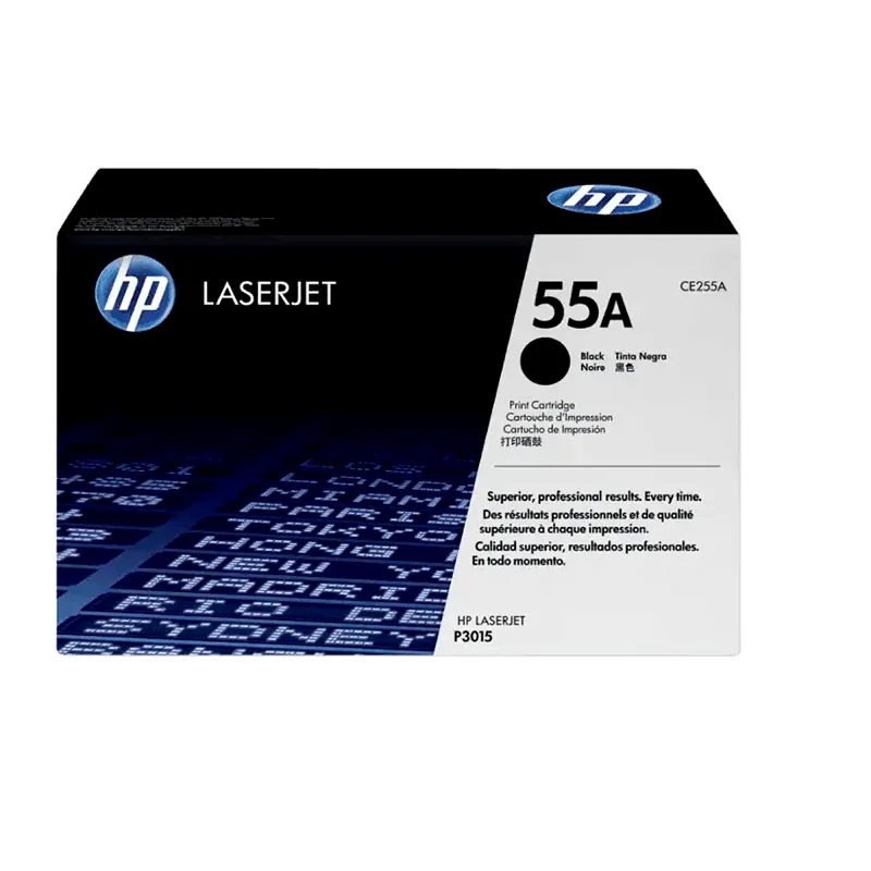 Empaque original del tóner HP 55A CE255A con especificaciones técnicas y rendimiento de 6,000 páginas
