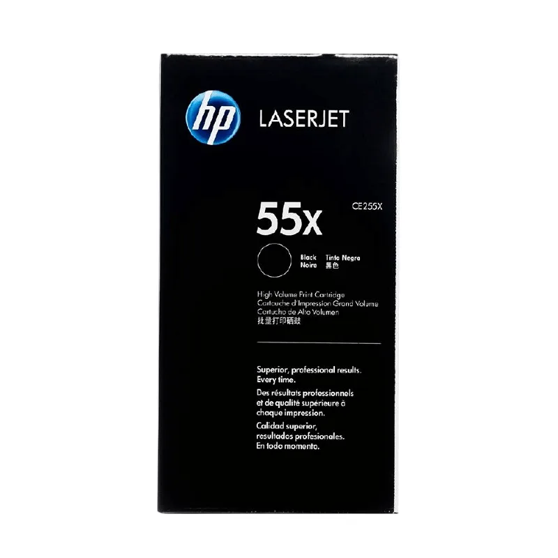 Vista lateral del tóner HP 55X CE255X con contacto eléctrico y guía de instalación