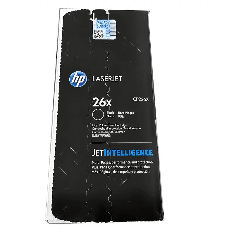 Tóner HP CF226X 26X colocado en una impresora LaserJet M402 con tapa abierta